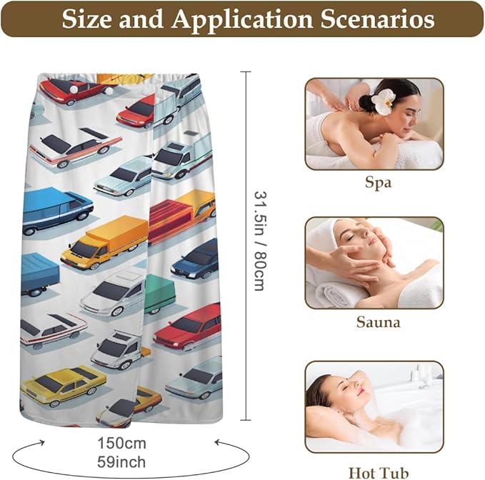 Women's Bath Wrap Colorful Cars Trucks Pattern Absorbent Shower Spa Body Bath Robe Wraps Bathrobe Towel with Adjustable Closure