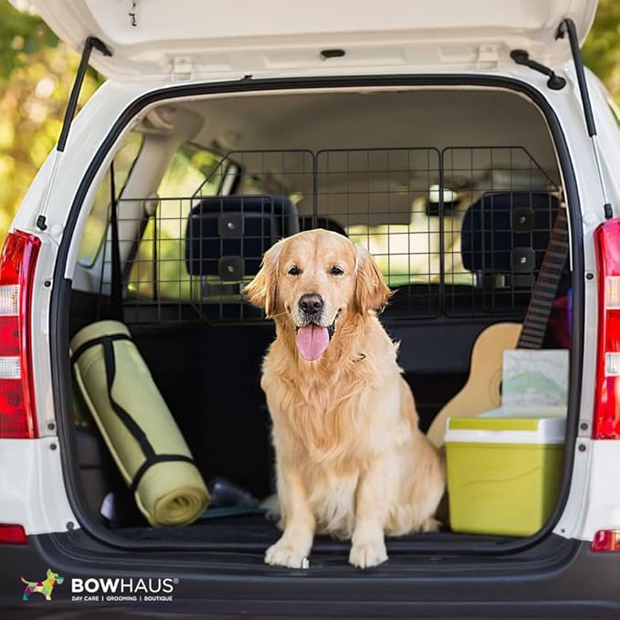BOWHAUS Dog Car Barrier, Dog Divider for SUVs, Trucks, Vehicles, Heavy-Duty Wire Mesh Adjustable & Foldable Pet Barrier for Cargo Area, Car Safety Accessories, Hardware Included