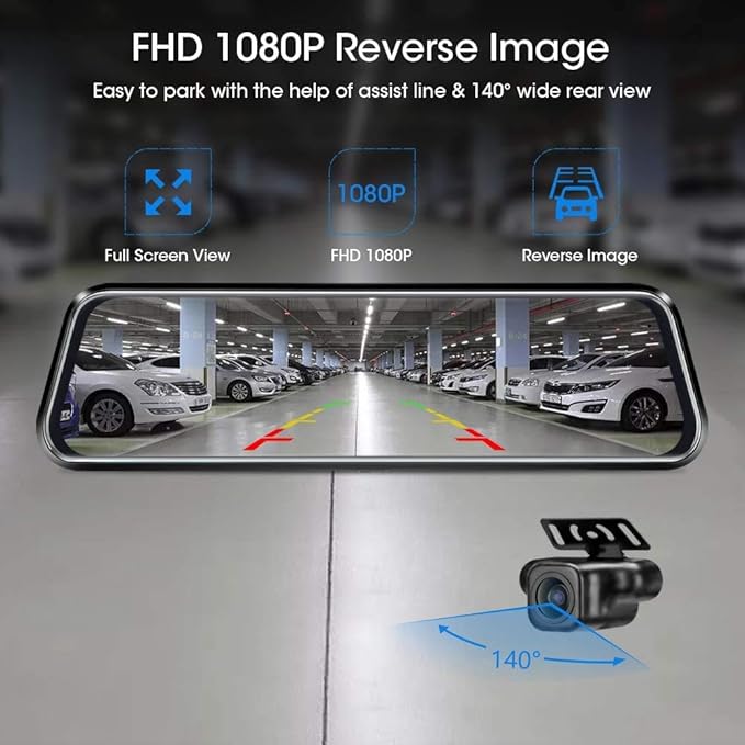 10'' Mirror Dash Cam Night Vision 1080P FHD Full Touch Screen Front and Rear View Backup Camera for Cars Loop Recording Streaming Media 170°Wide Angle Parking Assistance with 10 Meters Cable