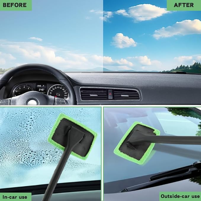 Windshield Cleaner Tool, Car Window Cleaner with Extendable Handle,5 Reusable Microfiber Pads,Windshield Cleaning Tool,Auto Glass Wiper for Car Detailing,Home Windows(Green)