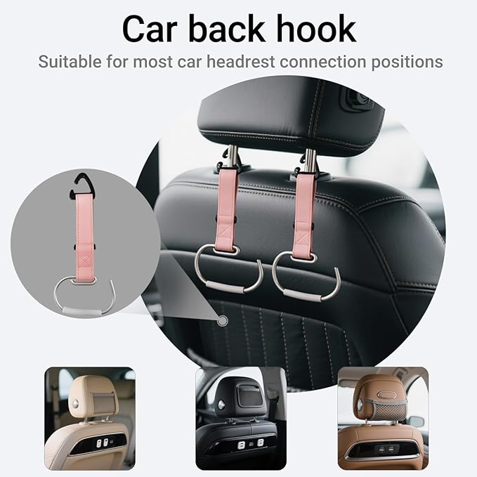 1Pcs Car Purse Hooks, Adjustable Leather Headrest Hooks for Car, Seat Back Organizer for Bags Purses (Pink)
