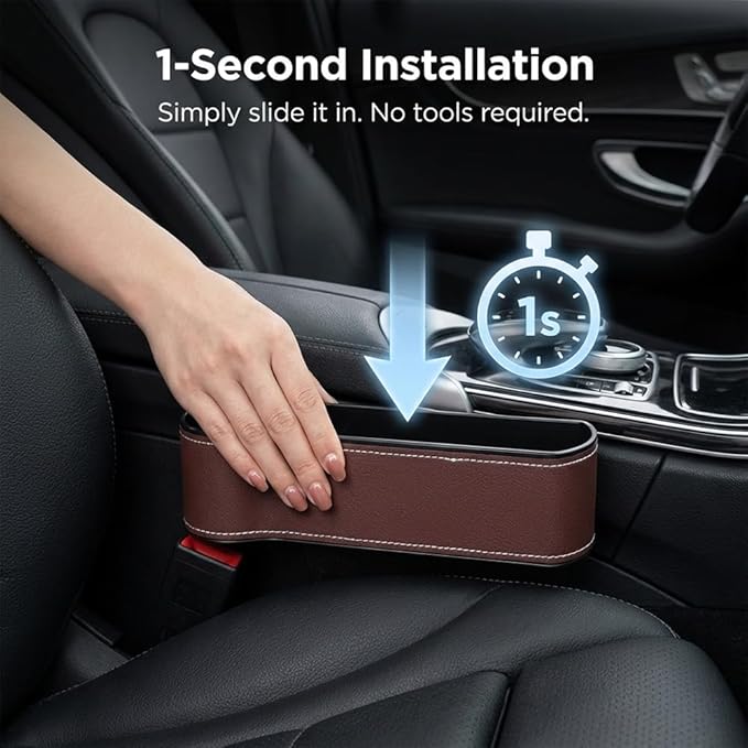 Car Seat Gap Filler Organizer, 2026 New Premium Leather Console Organizer for Holding Phone, Sunglasses, Auto Console Side Storage Box with Cup Holders 2 Seat Hooks for Drink (Brown, Passenger Seat)
