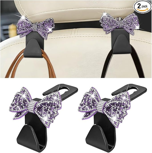 Zpana Bling Car Headreat Hook, 2PCS Crystal Rhinestone Cute Bow Vehicle Seat Back Hanger Storage for Purses Bags Grocery, Diamond Auto Rear Seat Organizer, Universal for SUV Truck Sedan (Purple)