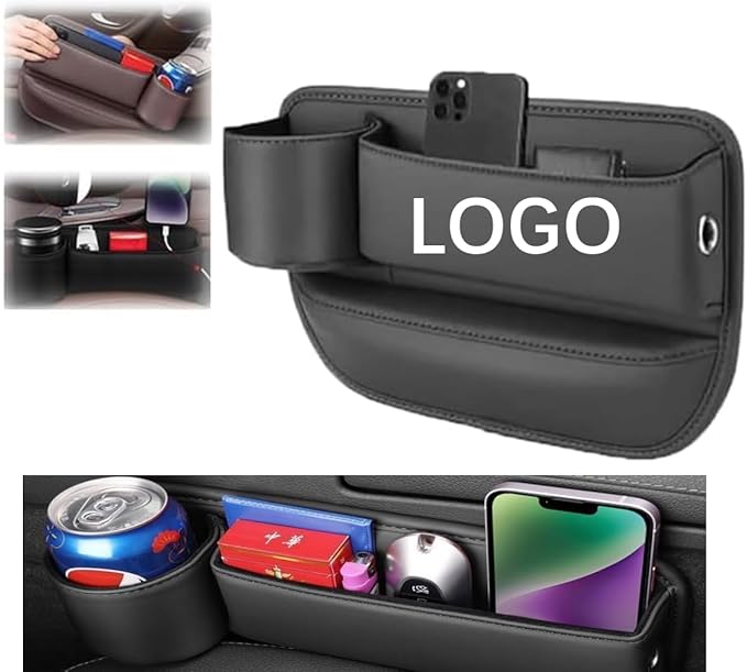 Custom Car Seat Gap Filler 2 Pack - Organizer with Logo/Text, Front Seat Leather Car Accessories for Women & Men, SUV & Truck Essentials (Black)