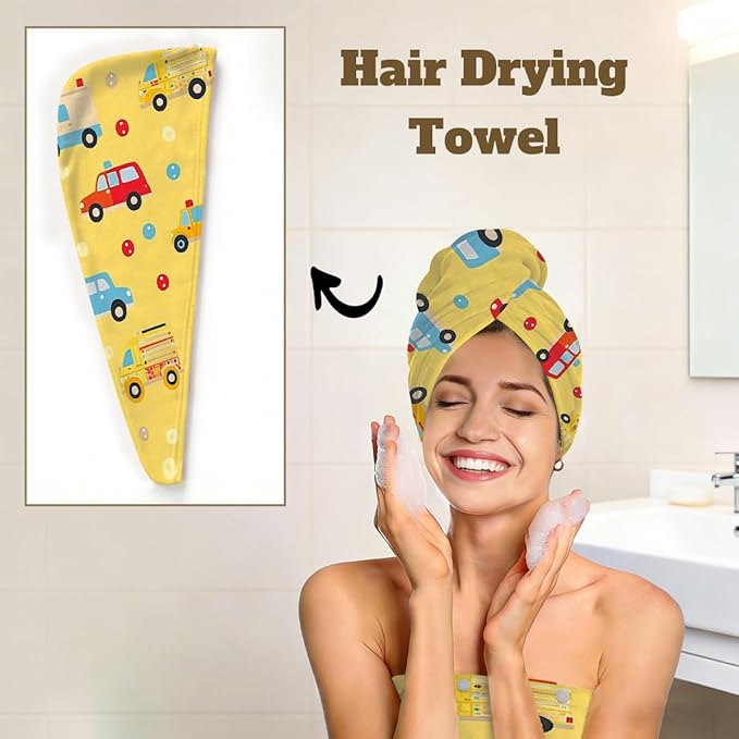 Women Bath Wrap Hair Towel Drying Cap Set Cute Cartoon Cars Bus Soft Absorbent Bathrobe Shower Wraps with Adjustable Closure Spa Bath Robe
