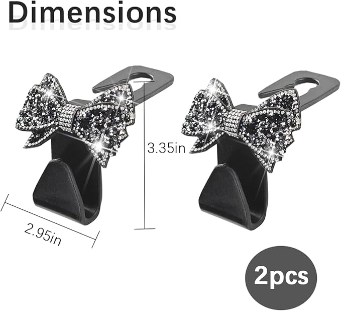 Zpana Bling Car Headreat Hook, 2PCS Crystal Rhinestone Cute Bow Vehicle Seat Back Hanger Storage for Purses Bags Grocery, Diamond Auto Rear Seat Organizer, Universal for SUV Truck Sedan (Black)