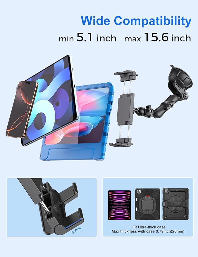 PLDHPRO Tablet Car Mount for Dashboard & Windshield, Heavy Duty iPad Holder for Truck, 360° Adjustable Suction Cup Stand Fits 5.1–15.6” Tablets & Phones, Stable for GPS & Road Trips