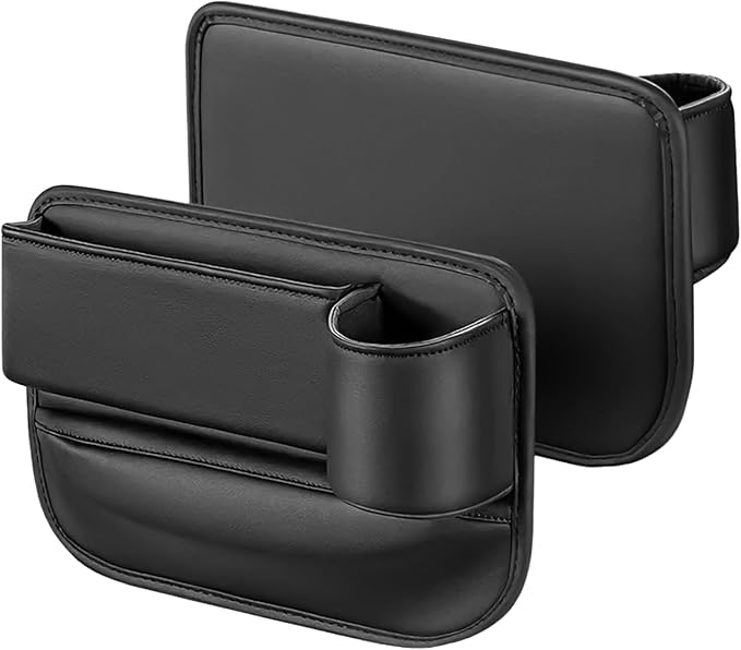 2 Pcs Car Seat Gap Filler Organizer, Leather Storage Box with Cup Holder, Cable Hole, Black