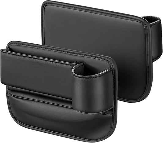 2 Pcs Car Seat Gap Filler Organizer, Leather Storage Box with Cup Holder, Cable Hole, Black