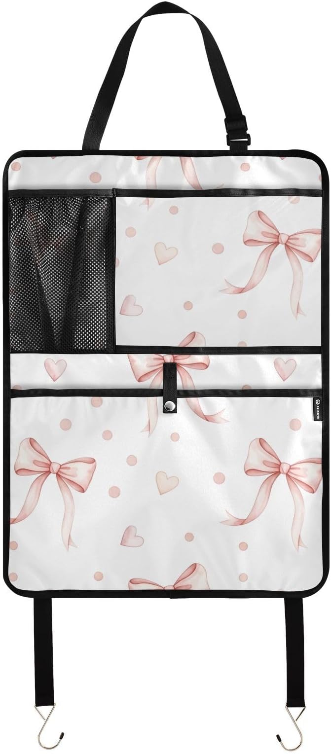 Pink Bows Backseat Organizer 1 Pack Kick Mats with Pockets Backseat Protector Seat Covers for Car Storage Travel Accessories