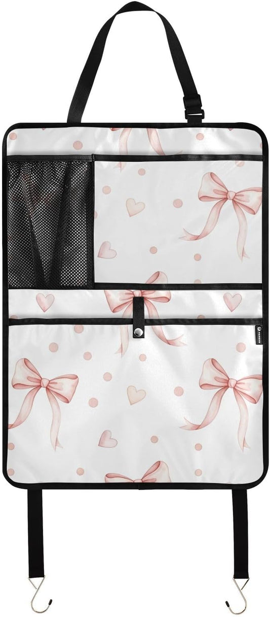 Pink Bows Backseat Organizer 1 Pack Kick Mats with Pockets Backseat Protector Seat Covers for Car Storage Travel Accessories