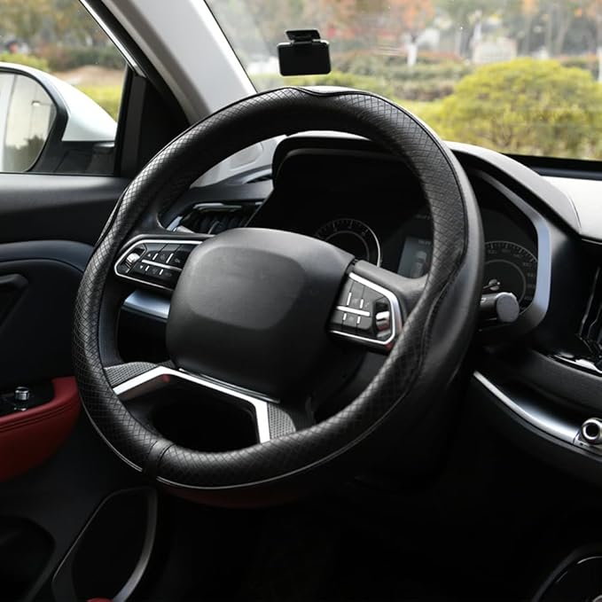 Rueesh Microfiber Leather Steering Wheel Cover Anti-Slip Matte Finish Auto Car Wheel Cover Universal 15 Inch Wheel Cover for Car Embossing Pattern Black Line
