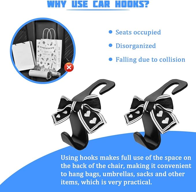 2PCS Car Seat Headrest Hooks, Cute Bow Vehicle Backseat Storage Hanger for Handbag Umbrella Coat, Automotive Seat Back Hook Holder Organizer Decor, Universal for Vehicles (Black/Beige)