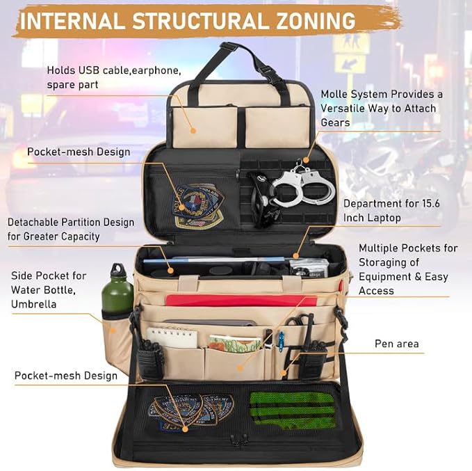 Patrol Bag Law Enforcement, Police Gear Bag Car Front Seat Organizer for Police with Laptop Layer and Cup Holders, MOLLE System, Fits Vehicle Passenger Seat Khaki