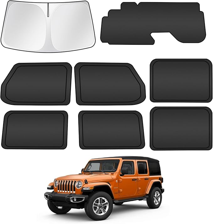 T TGBROS Windshield Sun Shade for Jeep Wrangler JL 2019-2022 2023 2024 2025 Car Window Shades Thicken UV Block and Blackout Privacy Foldable Sunshades 8PCS Accessories Keep Cool Sun Visor Covers