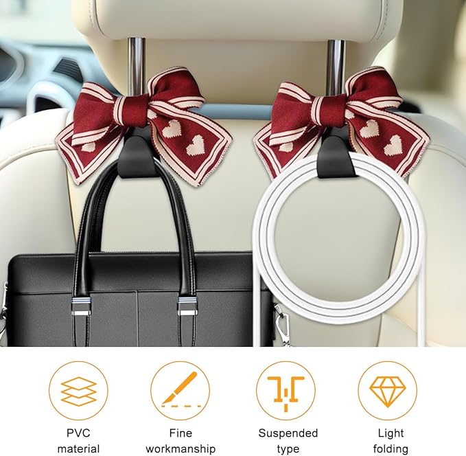 Cute Bow Car Seat Headrest Hooks, 2PCS Multifunctional Vehicle Rear Seat Hanging Hooks, Automotive Interior Seatback Storage Organizer for Purses Bags, Universal for SUV Sedan Truck (Red/White)