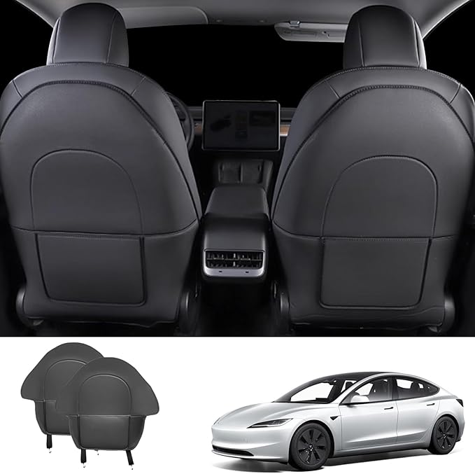 TOPABYTE Seat Back Kick Protector for Tesla Model Y Model 3 Model S Model X Leather Backseat Mats for Kids Wear-Resistant Back Seat Cover with Extra Organizer Pocket 2 PCS -Black