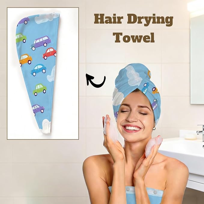 Women Bath Wrap Hair Towel Drying Cap Set Cute Cartoon Cars Clauds Soft Absorbent Bathrobe Shower Wraps with Adjustable Closure Spa Bath Robe