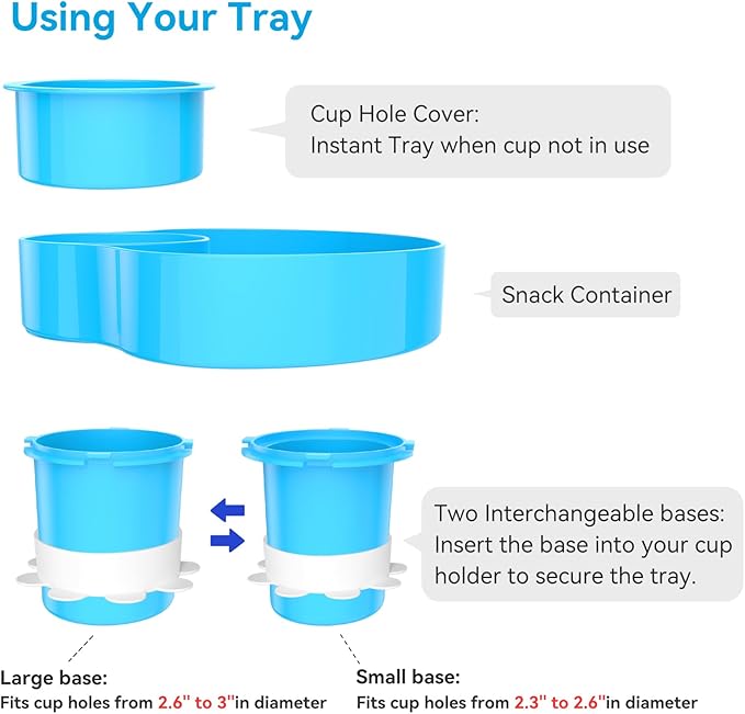 [2 PACK]Kids Car Seat Cup Holder Snack Tray - Toddler Travel Essentials for Mess-Free Snacking on Road Trips, Travel Accessory Compatible with Safety Seats & Strollers Console, (Sky Blue+Pink)