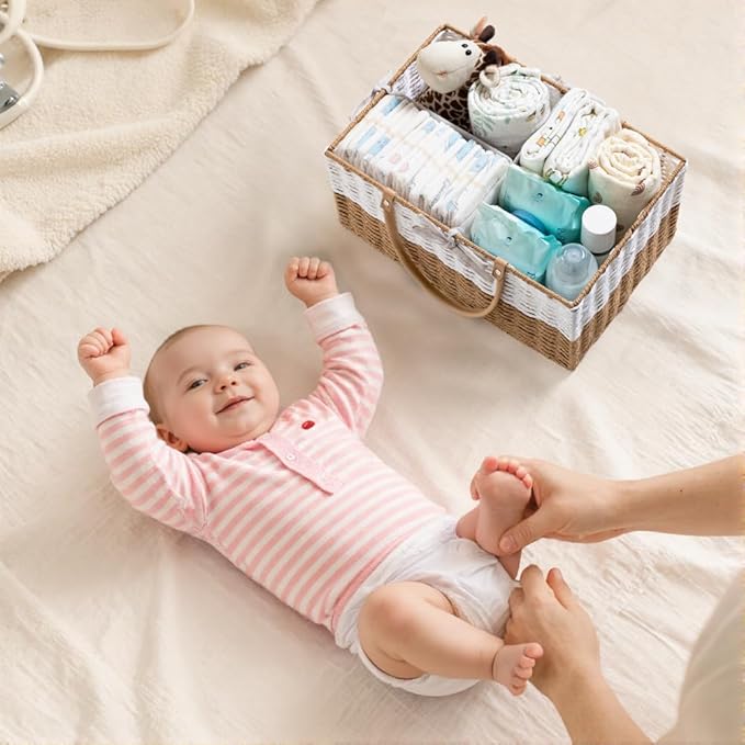 HBlife Large Baby Diaper Caddy Organizer, Paper Rope Storage Baskets Nursery Bin with Removable Divider, Portable Car Organizer for Diapers, Baby Shower Gifts, Newborn Essentials Must Haves