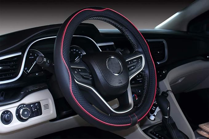 Mayco Bell Universal Standard Size Steering Wheel Cover Anti-Slip,Safety,Soft,Breathable,Durable,Full Surround,Comfortable Grip Microfiber Leather (14.5-15 inch,Black Red)
