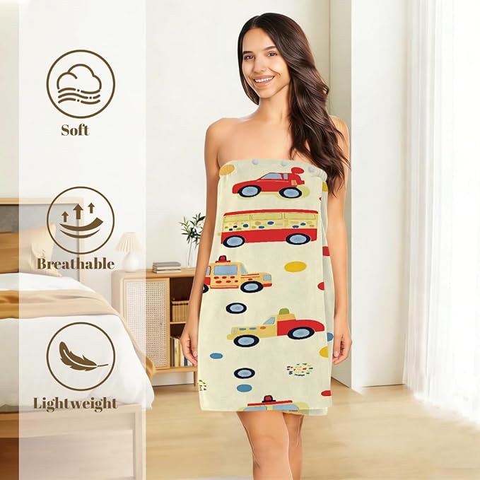 Women's Bath Wrap Colorful Cars Bus Polka Dot Absorbent Shower Spa Body Bath Robe Wraps Bathrobe Towel with Adjustable Closure