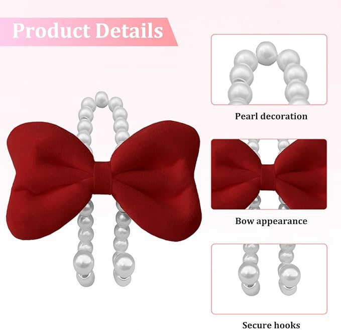 Car Seat Headrest Hook, 2PCS Elegant Bow Pearl Cute Vehicle Back Seat Hanger Hook, Automotive Headrest Storage Organizer for Handbag Purse Coat, Universal for SUV RV Truck (Red)