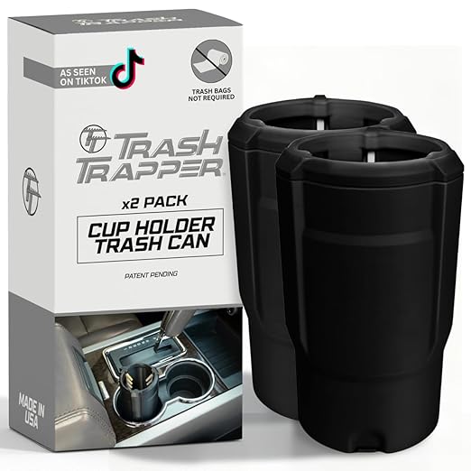 Trash Trapper Mini Car Trash Container – Frees Your Cupholder, Traps More & Empties Less with Patent-Pending Compaction, Holds Weeks of Small Trash, Portable for Car & Travel, Black/Grey, 2-Pack