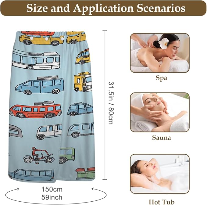 Women's Bath Wrap Retro Cars Bus Pattern Absorbent Shower Spa Body Bath Robe Wraps Bathrobe Towel with Adjustable Closure