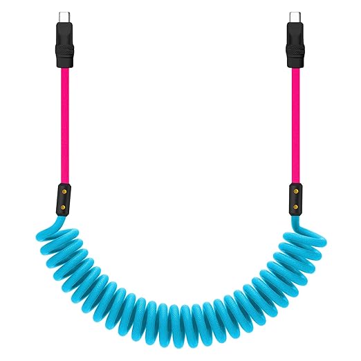 chubbycable Curly Chubby 240W Coiled USB C Cable Retractable Fast Charging Cable for Car Charger Cord Compatible with iPhone 17-15 Series, Blue+Pink, Type-C to Type-C, 2.29FT-3.6FT