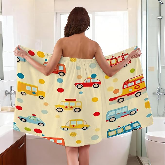 Women's Bath Wrap Colored Cars Bus Polka Dot Absorbent Shower Spa Body Bath Robe Wraps Bathrobe Towel with Adjustable Closure