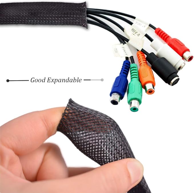 (100ft x 1/2") Cable Sleeve, PET Expandable Braided Sleeving Wire Sleeve Black Cable Wrap for HiFi Audio and Video Headphone Cable Management Protect Cat from Chewing Cords
