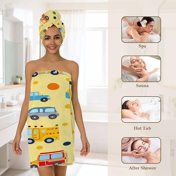 Women Bath Wrap Hair Towel Drying Cap Set Cartoon Cars Bus Pattern Soft Absorbent Bathrobe Shower Wraps with Adjustable Closure Spa Bath Robe