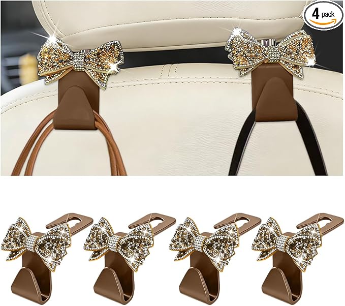 Zpana Bling Car Headreat Hook, 2PCS Crystal Rhinestone Cute Bow Vehicle Seat Back Hanger Storage for Purses Bags Grocery, Diamond Auto Rear Seat Organizer, Universal for SUV Truck Sedan (Gold)