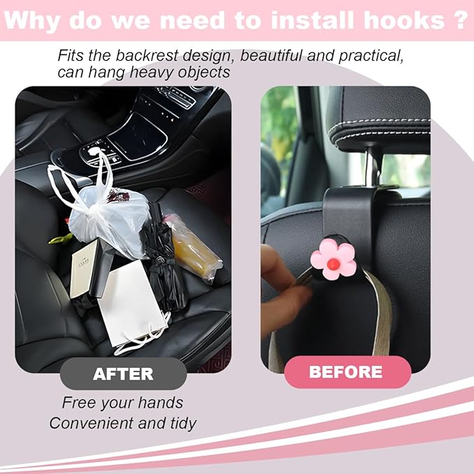 4 PCS Car Headrest Hook, Multifunctional Flower Vehicle Seat Back Storage Hook, Cute Automotive Seatback Organizer Hanger for Purse Grocery Bag Handbag, Universal Fit (Black/Pink)