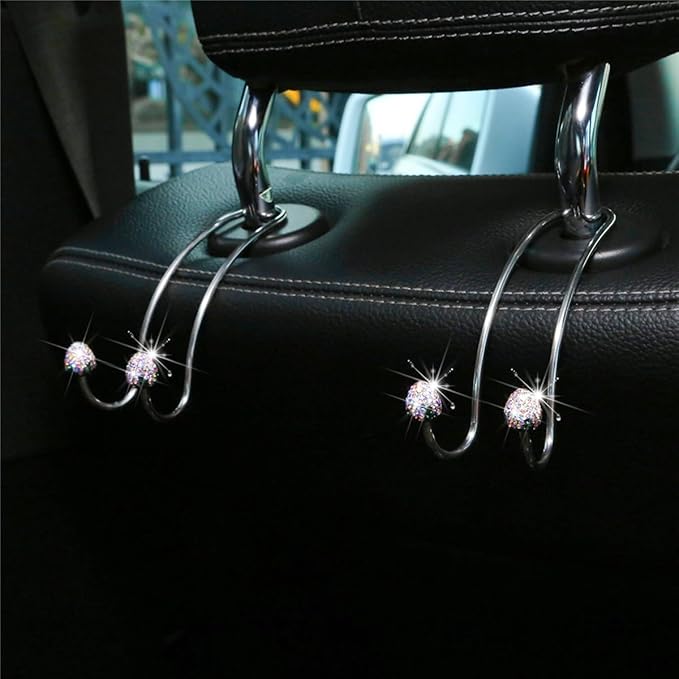BESULEN Strawberry Car Decor Hooks, 2 Pack Bling Diamond Seat Back Organizers, Auto Headrest Storage Hangers Hooks for Purse Handbag Clothes Grocery, Universal Car Accessories for Women (AB)