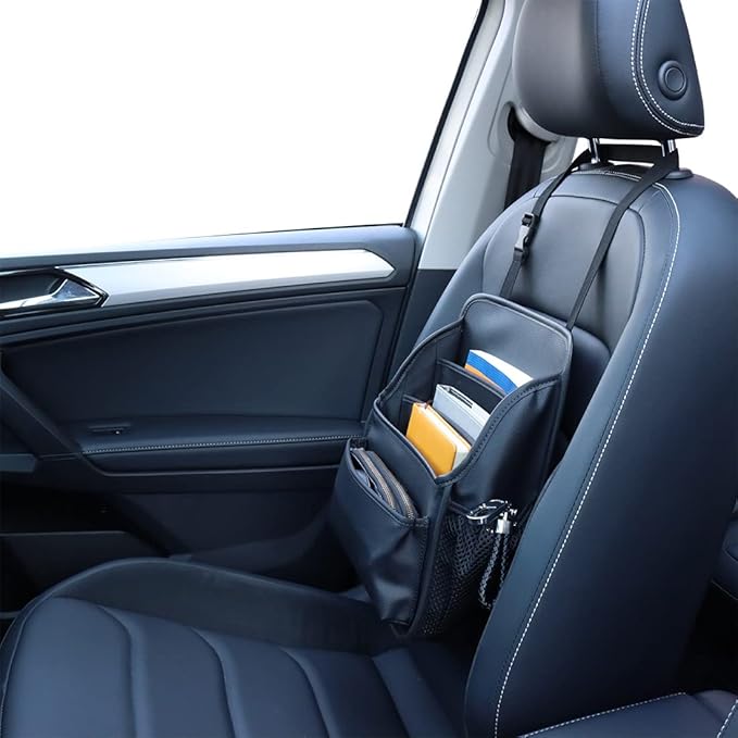 Front Seat Organizer Car Upholstery Leather Passenger Seat Storage Bag Large Durable Car Organizer with Adjustable Strap Multiple Compartments Mesh Bags Cup Holders (black)