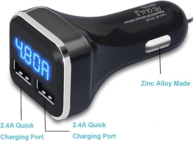 4.8A 24W Dual USB Car Charger Volt Meter Car Battery Monitor with LED Voltage & Amps Display, Cigarette Lighter Adapter, Compatible with iPhone 15 Pro Max Plus 14 Samsung Galaxy S24 iPad Pro