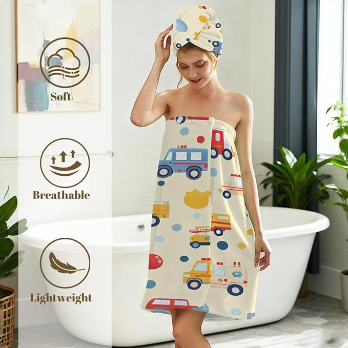 Women Bath Wrap Hair Towel Drying Cap Set Colored Trucks Cars Pattern Soft Absorbent Bathrobe Shower Wraps with Adjustable Closure Spa Bath Robe