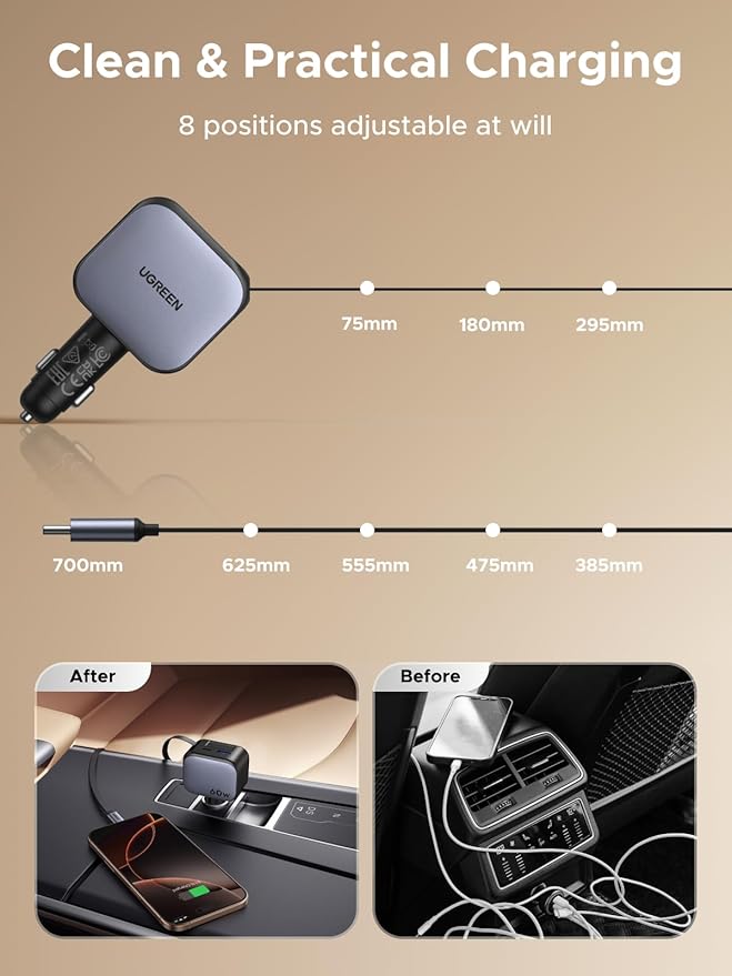 UGREEN 60W 2C1A Car Charger with Retractable Cable, 3-Port Fast Charger with 30W PD USB-C, USB-A, Cigarette Lighter Adapter for iPhone 17/16/15, Galaxy S25/S24, iPad, GPS, 12V Car Accessories