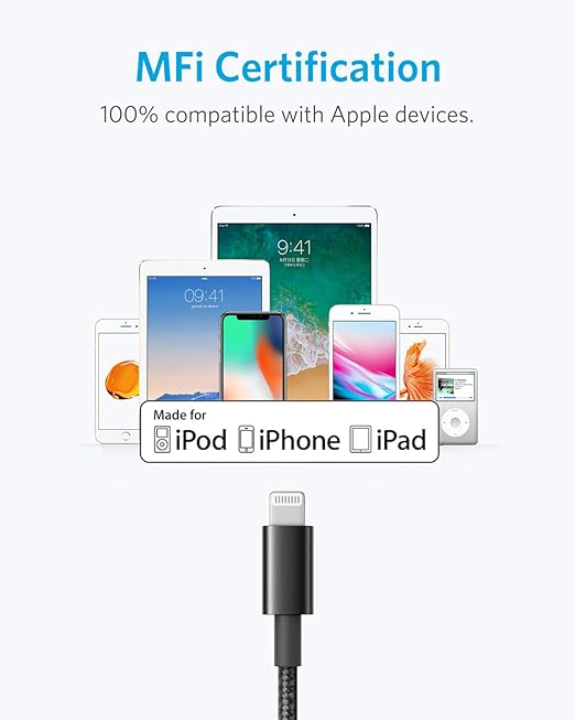 Anker USB A to Lightning Cable(6FT, 1Pack), MFi Certified Nylon USB to Lightning Cord for iPhone 14/13/12/11 Pro/11/XS MAX/XR/8/7/6s Plus Cable(Black)