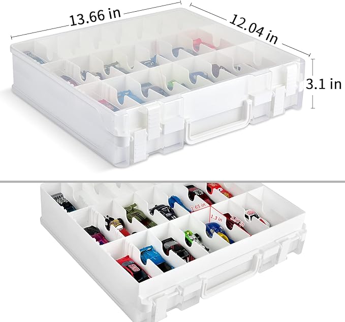 ALCYON Double Sided Toy Storage Organizer Case for Hot Wheels Car, Matchbox Cars, Mini Toys, Small Dolls, Carrying Box Container Carrier with 48 Compartments - Upgrade (Box Only)