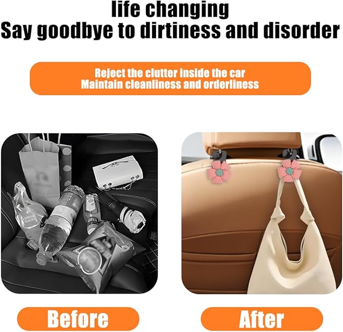 Car Seat Headrest Hooks, 2PCS Cute Flower Vehicle Seat Back Organizer Holder for Purses Bags Grocery, Automotive Interior Storage Hanger Decoration Accessories, Universal Fit (Black/Pink)