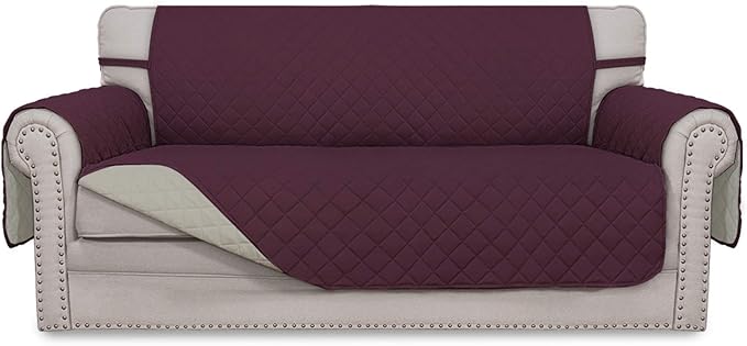 Easy-Going Sofa Slipcover Reversible Loveseat Sofa Cover Couch Cover for 2 Cushion Couch Furniture Protector with Elastic Straps for Pets Kids Dog Cat (Oversized Loveseat, Wine/Beige)