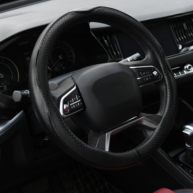 Rueesh Microfiber Leather Steering Wheel Cover Anti-Slip Matte Finish Auto Car Wheel Cover Universal 15 Inch Wheel Cover for Car Embossing Pattern Black Line