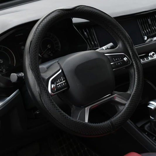 Rueesh Microfiber Leather Steering Wheel Cover Anti-Slip Matte Finish Auto Car Wheel Cover Universal 15 Inch Wheel Cover for Car Embossing Pattern Black Line