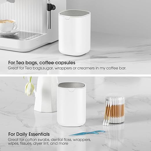 CEROELDA Mini Desk Trash Can with Swing-Top Lid, 0.4 Gallon Small Round Wastebasket, Black, for Office, Home, Car (White)