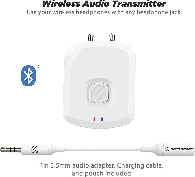 Scosche BTTWT-SP FlyTunes Universal Portable Bluetooth 4.1 Wireless Audio Transmitter for Use with AirPods, Earbuds/Headphones, TV’s and More - White