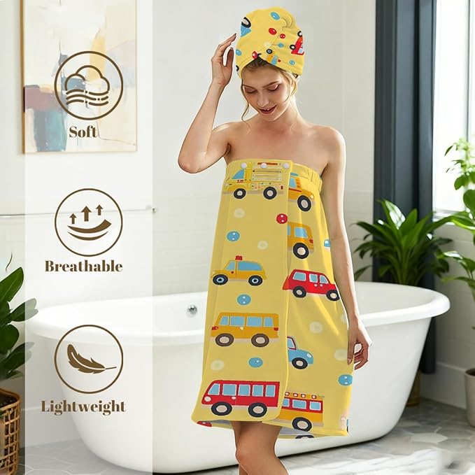 Women Bath Wrap Hair Towel Drying Cap Set Cute Cartoon Cars Bus Soft Absorbent Bathrobe Shower Wraps with Adjustable Closure Spa Bath Robe