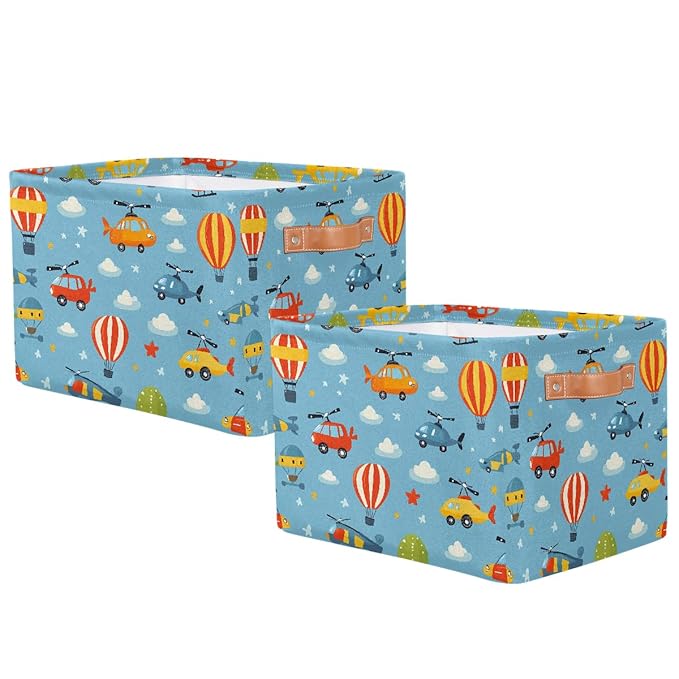 Cars Helicopters Storage Baskets for Organizing, Fabric Collapsible Storage Bins Box Cartoon Decorative Toy Organizer Baskets for Closet Shelves Gift Basket 2Pcs